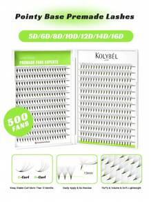 KOLYBEL 500 Fãs de extensões de cílios fãs pré-fabricados 5D / 6D / 8D / 10D / 12D / 14D / 16D 8-15mm Comprimento misto de Fãs de pestanas premade D Curl Fãs premade de base fina e pontiaguda volume premade de extensões de cílios