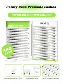 KOLYBEL 500 Fãs de extensões de cílios fãs pré-fabricados 5D / 6D / 8D / 10D / 12D / 14D / 16D 8-15mm Comprimento misto de Fãs de pestanas premade D Curl Fãs premade de base fina e pontiaguda volume premade de extensões de cílios