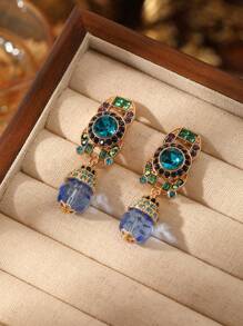 1對歐美時尚復古中世紀現代風格鍍金垂墜耳環，鑲嵌鑽石、有色寶石和水晶裝飾，適合女性日常佩戴、假日派對、正式裙禮、禮物和時尚配飾