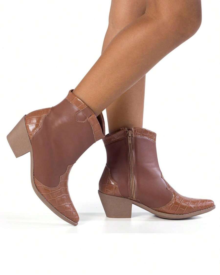 Bota Feminina Texana Metalizada Cano Baixo Croco Ref 70100 - Caramelo - Visão 1
