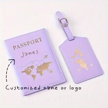 2件套定制姓名护照夹带行李牌套装，PU皮革护照套，带卡槽的旅行钱包，男女通用旅行箱牌，沙滩包，新年时尚单品