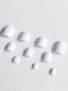 24入組純色方形短按壓式趾甲-白色光澤假趾甲，適合女性日常和辦公室穿著，按壓式指甲，壓克力趾甲，指甲用品 - 白色 - 查看 2