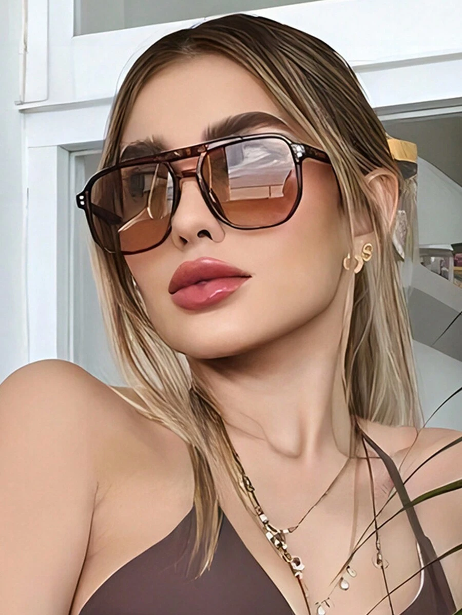 1pc Women's Leopard Print Acetate Frame Sunglasses With Rivet Decor, Fashionable Beach Accessory,School - Multicolor - View 1