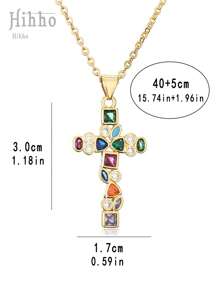 Hihho 1 pièce Collier pendentif croix élégant à la mode avec incrustation de zirconium coloré de style européen et américain, collier ras-de-cou en acier inoxydable, cadeau de festival (couleurs de zirconium disposées de manière aléatoire)