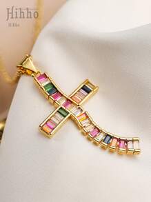 Hihho 1 pièce Collier pendentif croix élégant à la mode avec incrustation de zirconium coloré de style européen et américain, collier ras-de-cou en acier inoxydable, cadeau de festival (couleurs de zirconium disposées de manière aléatoire)