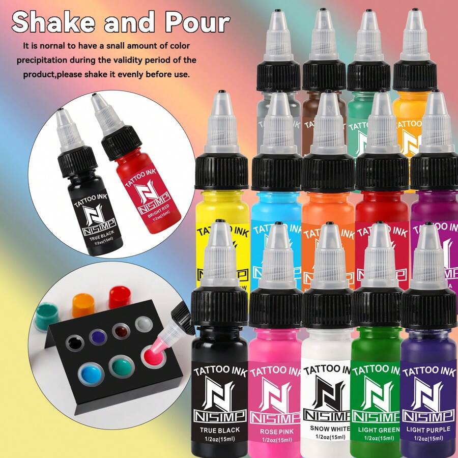 NISIMP Kit de Tinta de Tatuagem, Conjunto de 14 Cores de Tinta de Tatuagem EIPTWH 1/2oz 15ml/garrafa, Tinta de cor brilhante e vibrante para suprimentos de tatuagem, pigmentos de tatuagem profissionais para arte corporal de tatuagem FWTI14-15