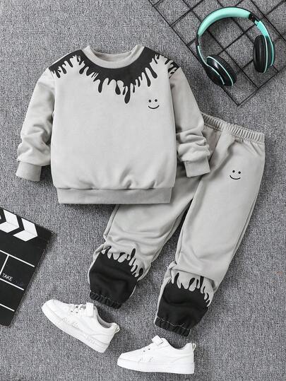 2pcs Young Boys' Casual Expression Printed Sweatshirt And Pants Set, Suitable For Spring And Autumn, Sports, Daily Wear, Travel, School And Outdoor Activities