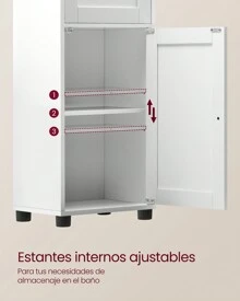 VASAGLE Mueble Baño, Armario Baño, Armario Alto, Compartimento Abierto, Puerta de Cristal, Estrecho, con Patas, Estantes Regulables en Altura, Ahorro de Espacio, Blanco Nube/Blanco Arce - Blanco - Ver 3