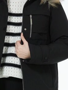 Black Hooded Fluffy Splicing Coat With Pockets And Long Sleeves For Winter - Black - View 7