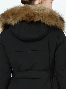 Black Hooded Fluffy Splicing Coat With Pockets And Long Sleeves For Winter - Black - View 6