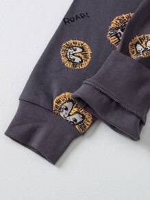 مجموعة ملابس داخلية للمنزل بأكمام طويلة وسروال لصبي صغير مطبوع عليه أسد، ملابس داخلية دافئة للخريف / الشتاء