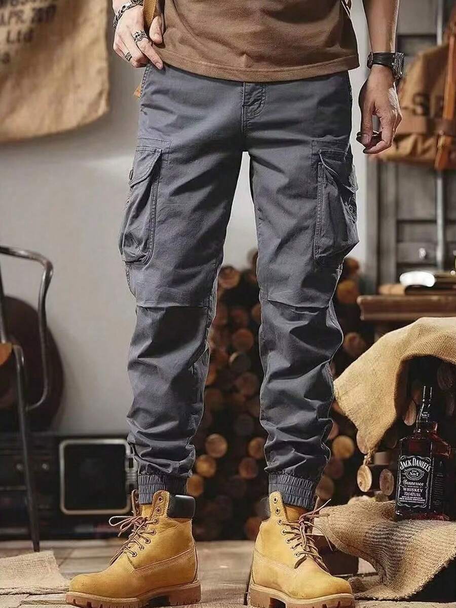 Hombres Pantalones cargo con bolsillo lateral con solapa - Gris - Ver 1