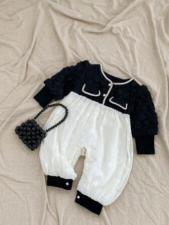Baby Girls' Black And White Splicing Double Layer Cute Jumpsuit