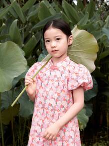 MARC&JANIE 少女新中式花卉印花立領泡泡袖長衫裙，檢查扣子，夏季 - 粉色 - 查看 2