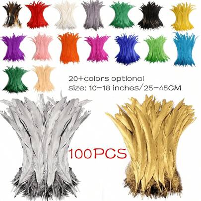 100 piezas de plumas de cola de gallo, 25-35cm / 10-14 pulgadas de plumas para disfraces de fiesta de carnaval, decoración de trajes de escenario, manualidades para diademas y decoración de bodas