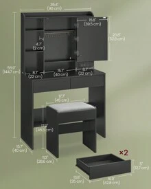 VASAGLE Vanity Desk With Power Outlets, Makeup Vanity With Mirror And Lights, Upholstered Vanity Stool, Dimmable LED Lights, 6 Compartments, 2 Drawers, For Bedroom - 黑色 - 查看 5