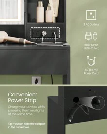 VASAGLE Vanity Desk With Power Outlets, Makeup Vanity With Mirror And Lights, Upholstered Vanity Stool, Dimmable LED Lights, 6 Compartments, 2 Drawers, For Bedroom - 黑色 - 查看 3
