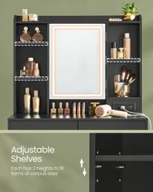 VASAGLE Vanity Desk With Power Outlets, Makeup Vanity With Mirror And Lights, Upholstered Vanity Stool, Dimmable LED Lights, 6 Compartments, 2 Drawers, For Bedroom - 黑色 - 查看 7