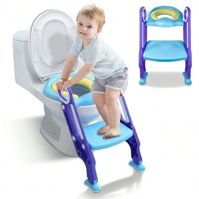 LILIIN Potty Trainer For Children 1-7 Years Green + Blue / Purple + Blue Toilet Trainer With Stairs Height Adjustable Learning Potty With PU Padded & Non-Slip Pedal Foldable Toilet Seat