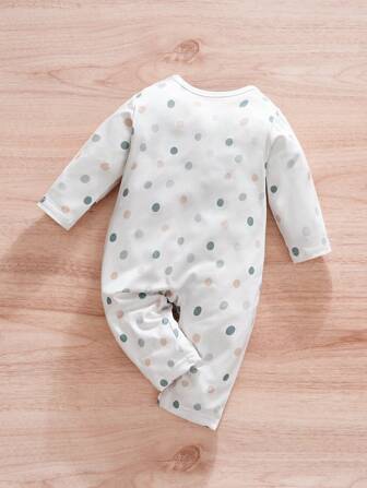 Dot & Letter Print Long Sleeve Baby Jumpsuit, Autumn