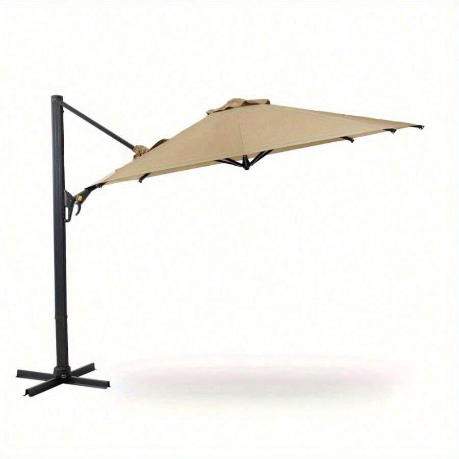 11 FT Cantilever Patio Umbrella, Round Outdoor Offset Umbrella With 360° Rotation & Tilt Adjustment Without Base - Grey - Khaki + Fabric - View 1