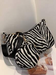 MURAMASA 2 Piezas Bolsa De Hombro Y Bolsa De Axila Simple De Pana Con Cierre De Cremallera Para Niñas, Adecuada Para Uso Diario En Otoño E Invierno - Blanco y Negro - Ver 4