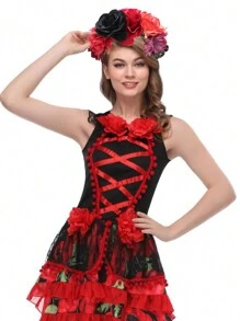 Ngày Của Người Chết Đầu Trang Phục Hoa Hồng Mexico Hoa Đầu Đỏ Hoa Hồng Đen Hoa Thái Đầu Halloween Trang Phục Hóa Trang Mũ Trụ - Nhiều màu - Xem 9