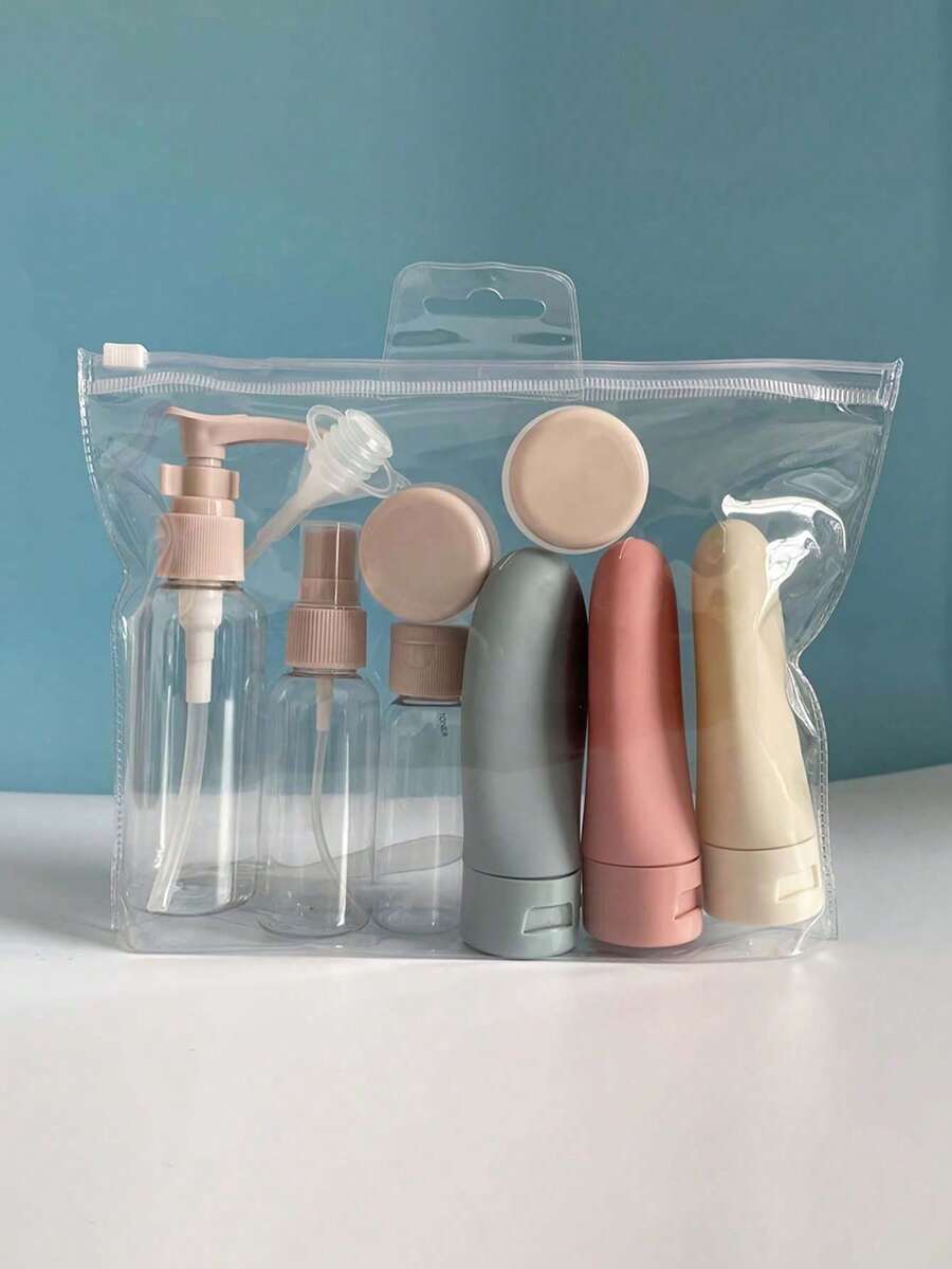 可裝填乳液的便攜式乳液瓶旅行套裝，防漏的旅行瓶組，裝滿浴室用品，旅行尺寸的配件和洗髮水護髮素瓶，配有便攜式包，旅行必備的儲物用品，化妝用泵的旅行配件，宿舍必備 - 彩色 - 查看 1