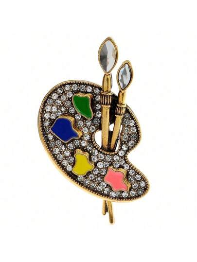 دبوس وشاح بتصميم لوحة الرسام الذهبية المرصعة بالراين، هدية فنية، إكسسوار دبوس صدر السترة