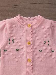 Newborn Baby Girl Embroidered Long Sleeve Knitted Romper - Pink - View 4