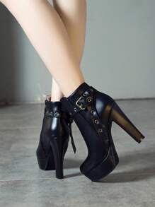 Nouvelle arrivée Bottes pour femmes avec talons super hauts, plateforme épaisse imperméable, talon bloc de 12 cm, chaussures polyvalentes avec décoration de ceinture, automne et hiver