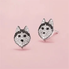 Creative Personality Shining Black And White Rhinestone Cute Husky Stud Earrings For Women Exquisite Cartoon Puppy Animal Jewelry Accessories Gift For Mother, Wife, Daughter, Girl - 銀色 - 查看 9