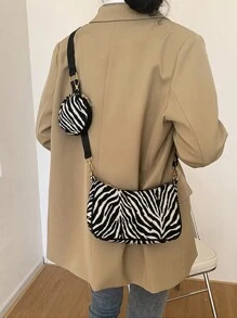 MURAMASA 2 Piezas Bolsa De Hombro Y Bolsa De Axila Simple De Pana Con Cierre De Cremallera Para Niñas, Adecuada Para Uso Diario En Otoño E Invierno - Blanco y Negro - Ver 2