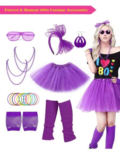 Forever & Moment A Set 80s Women's Clothing Accessories Set Tutu Skirt Neno Party Warm Leg Neon Necklace Earrings Headband Fishing Net Gloves Clothing Accessories Valentine's Day Valentines Prom Halloween