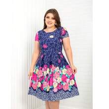 VESTIDO FLORAL BARRADO MODA FEMININA EVANGELICA CHIC CACO AZUL
