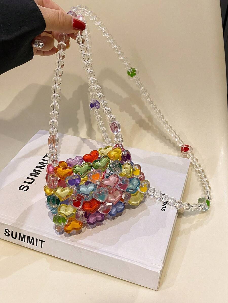 New Colorful Beaded Mini Crossbody Bag For Women, Heart Shaped Knitted Candy Handbag, Crochet Bags
