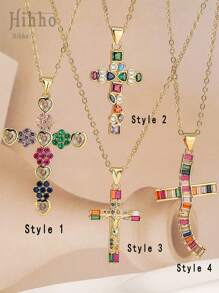 Hihho 1 pièce Collier pendentif croix élégant à la mode avec incrustation de zirconium coloré de style européen et américain, collier ras-de-cou en acier inoxydable, cadeau de festival (couleurs de zirconium disposées de manière aléatoire)