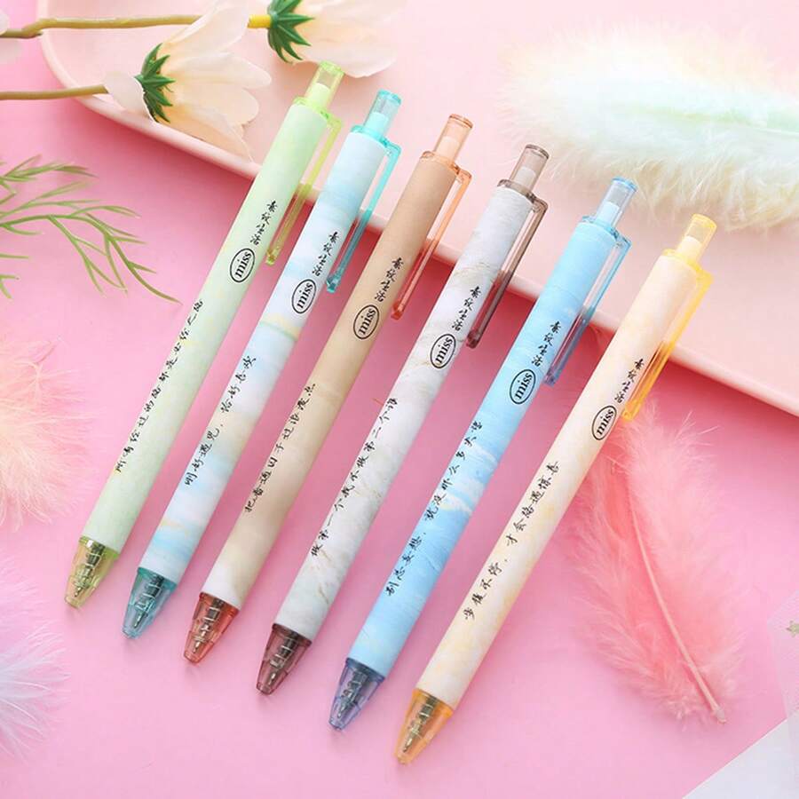 6pcs Random Creative Solid Color Pressing Water-Based Pen For Students And Office, High-Quality Stationery Pen For Writing And Signing - Multicolor - View 1