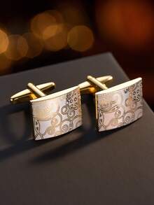 1 对新奇奢华黑色矩形金色袖扣男士品牌高品质雕花银方形袖扣衬衫袖扣 - 彩色 - 查看 9