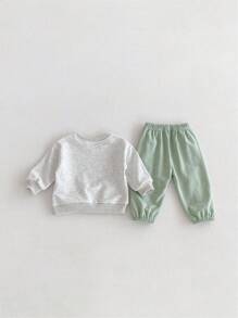 Set de 2 piezas de ropa deportiva informal para niños pequeños con sudadera de manga larga con estampado de letras y pantalones jogger, para otoño - Multicolor - Ver 4