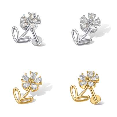 1pc Flower Zirconia Five-Petal Flower With Leaf Threadless Push-In Lip Nose Stud Earring, Titanium Coated 316L Stainless Steel Body Piercing Jewelry, Suitable For Date, Daily, Gift, Party, Music Festival