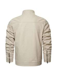 7707 2024 New Men's Fashion Solid Color PU Leather Jacket, Simple Stand Collar Male Coat - Beige - View 7