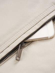 7707 2024 New Men's Fashion Solid Color PU Leather Jacket, Simple Stand Collar Male Coat - Beige - View 3