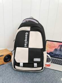 1 件回到学校大容量书包带笔记本电脑隔层时尚个性化多功能多用途背包钱包颜色对比 & 剪裁和缝纫 & 带字母印花防水优质尼龙学校背包带可调节肩带和多个口袋书包轻便便携式双拉链包休闲旅行背包非常适合毕业生户外旅行 & 初中 & 高中 & 大学生通勤书包大容量学校用品