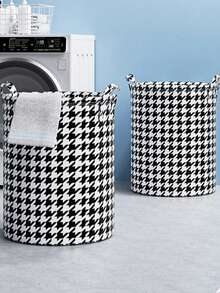 1入千鳥格大容量收納袋，帶手柄的髒衣籃玩具衣物收納籃家用可折疊洗衣袋，髒衣籃可折疊節省空間，洗衣籃家庭防水收納籃時尚格子紋帶手柄適用於家庭和學生宿舍 - 黑與白 - 查看 7
