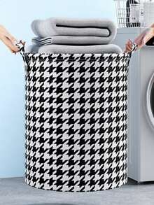 1入千鳥格大容量收納袋，帶手柄的髒衣籃玩具衣物收納籃家用可折疊洗衣袋，髒衣籃可折疊節省空間，洗衣籃家庭防水收納籃時尚格子紋帶手柄適用於家庭和學生宿舍 - 黑與白 - 查看 1