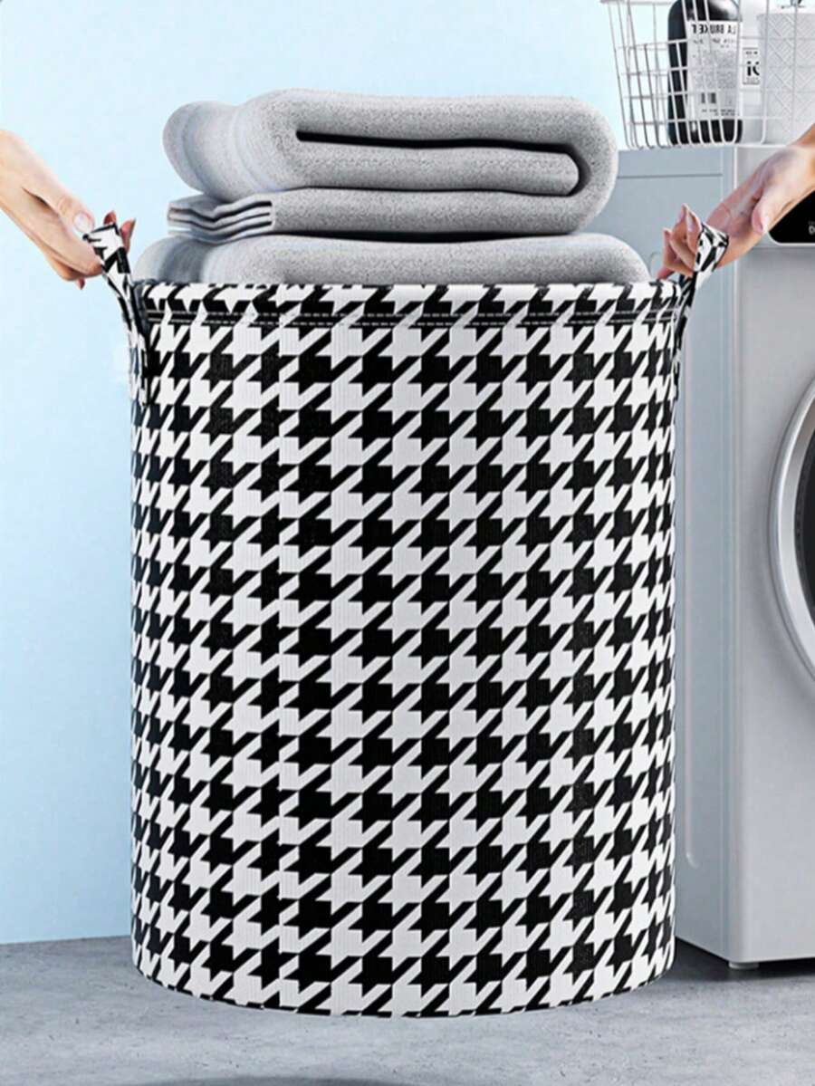 1入千鳥格大容量收納袋，帶手柄的髒衣籃玩具衣物收納籃家用可折疊洗衣袋，髒衣籃可折疊節省空間，洗衣籃家庭防水收納籃時尚格子紋帶手柄適用於家庭和學生宿舍 - 黑與白 - 查看 1