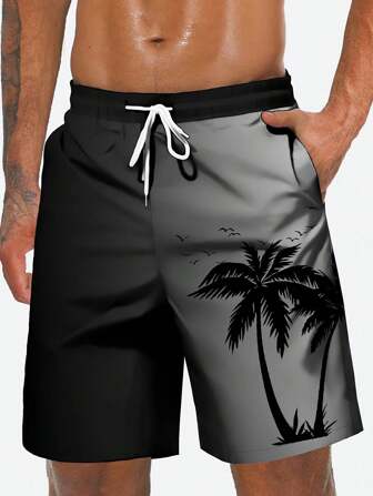 Plus Size Coconut Tree Ombre 3D Digital Printed Casual Outdoor Shorts, dragsko i midjan, Enkellager utan foder, för dagligt bruk, semester och fritid