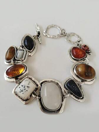 1Pc New ZA Bohemian  Vintage Bracelets Women Fashion Golden Metal Hollow Link Charm Resin  Statement Bracelets ﻿(Random Resin Color)