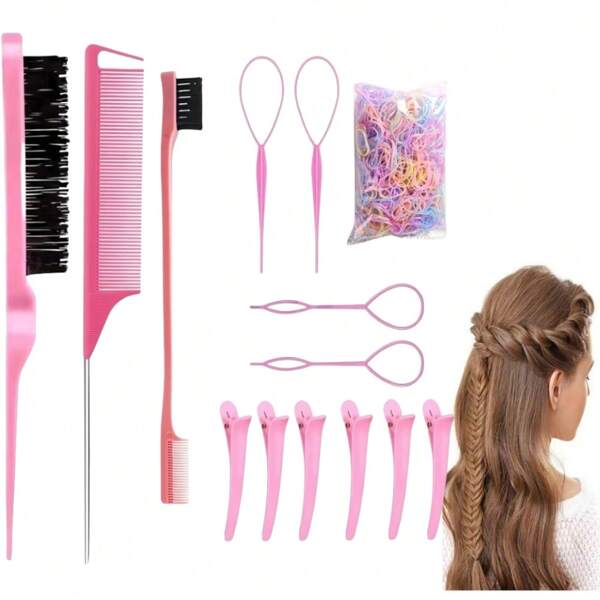 100/1000pcs Hair Ties + 13pcs Styling Tool Set - Nylon Teasing Brush, Rat Tail Comb, Smooth Comb, Beauty Double Edge Brush For Edge & Back Brushing - Suitable For Girls,Back To School,Travel Holiday Essentials,Hair Accessories For Women